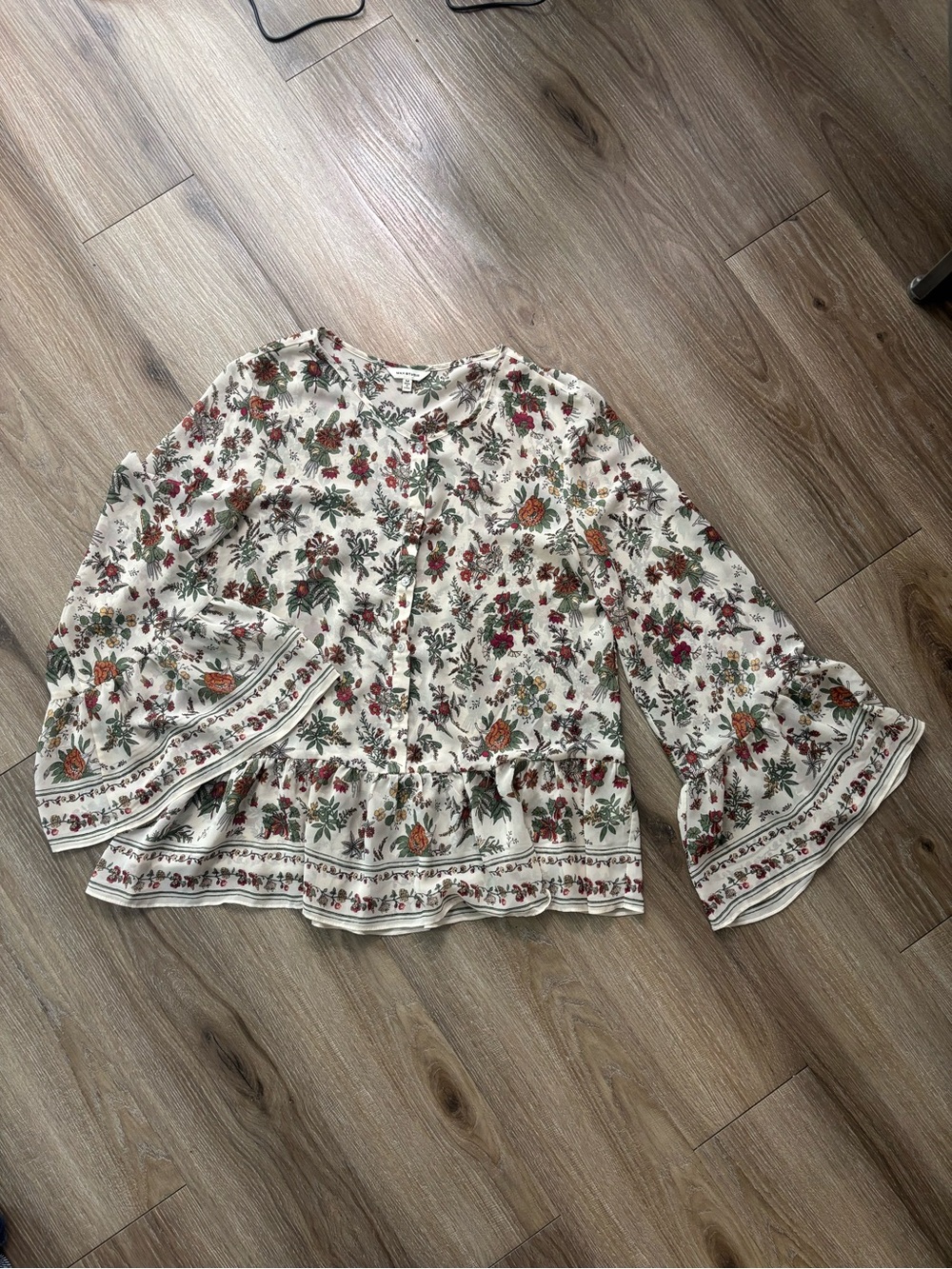 Max Studio Cream Floral Peplum Blouse with Bell Sleeves